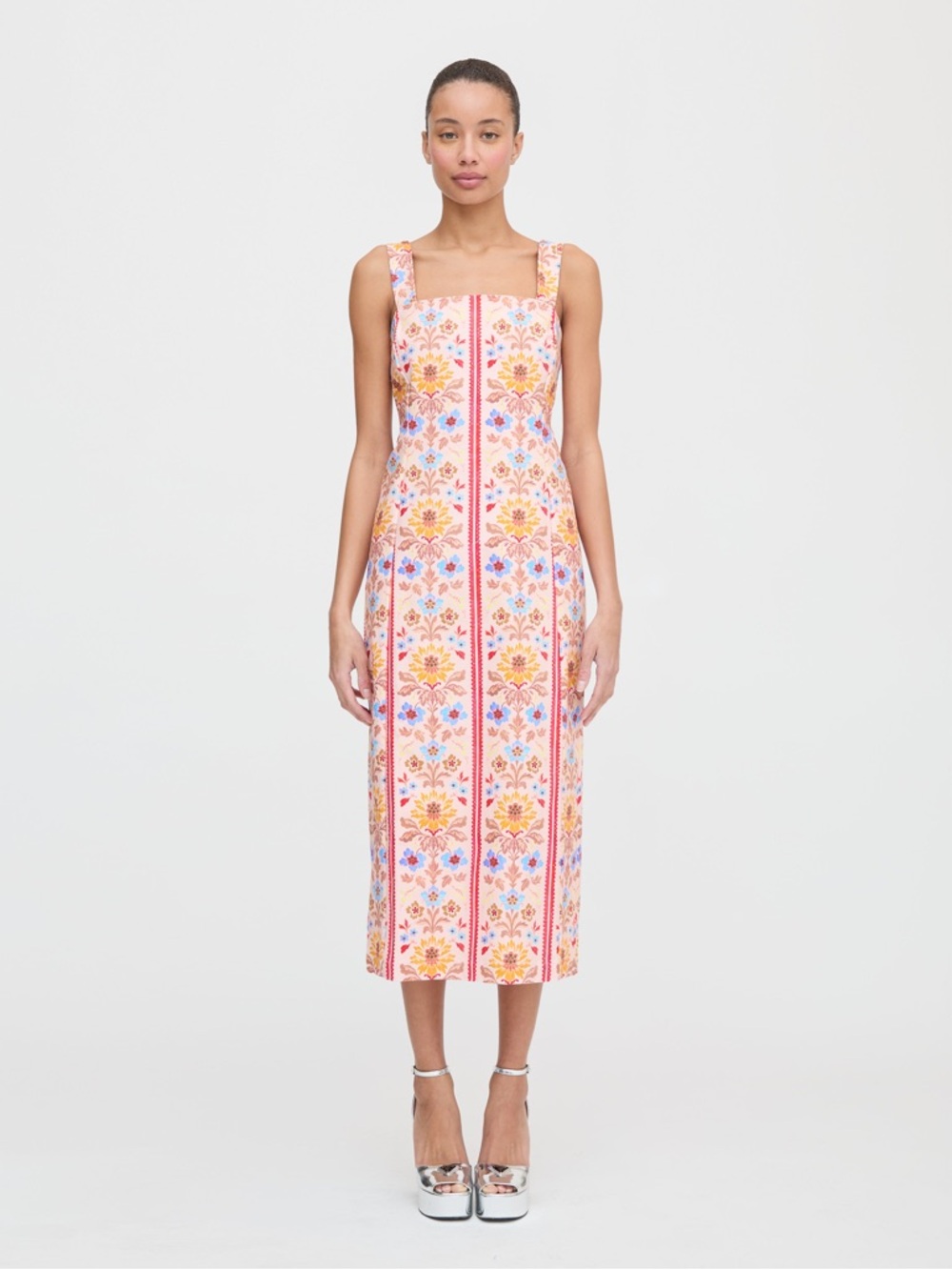 HILL HOUSE THE IRIS DRESS FLORAL BLOCK STRIPE, PINK MULTI NEW